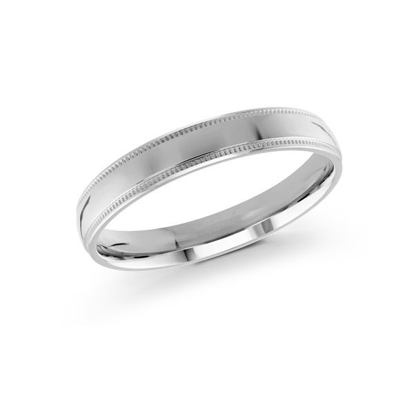 Men's 3mm milgrain white gold wedding band.