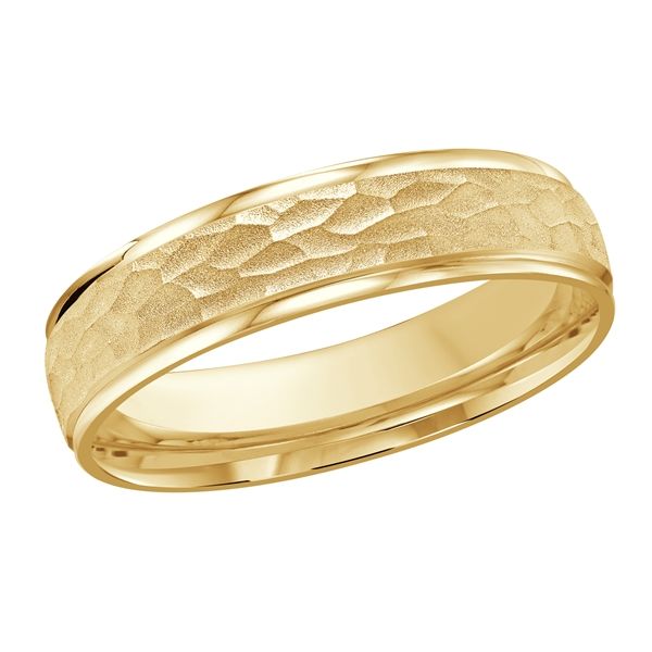 Men's 5mm hammered satin yellow gold wedding band.