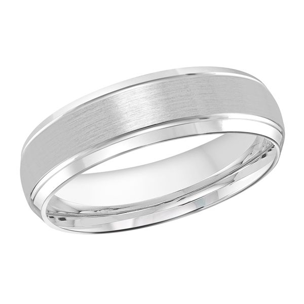 Men's 6mm bevel satin white gold wedding band.