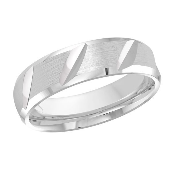 Men's 6mm carved satin white gold wedding band.