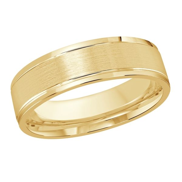 Men's 6mm flat satin yellow gold wedding band.