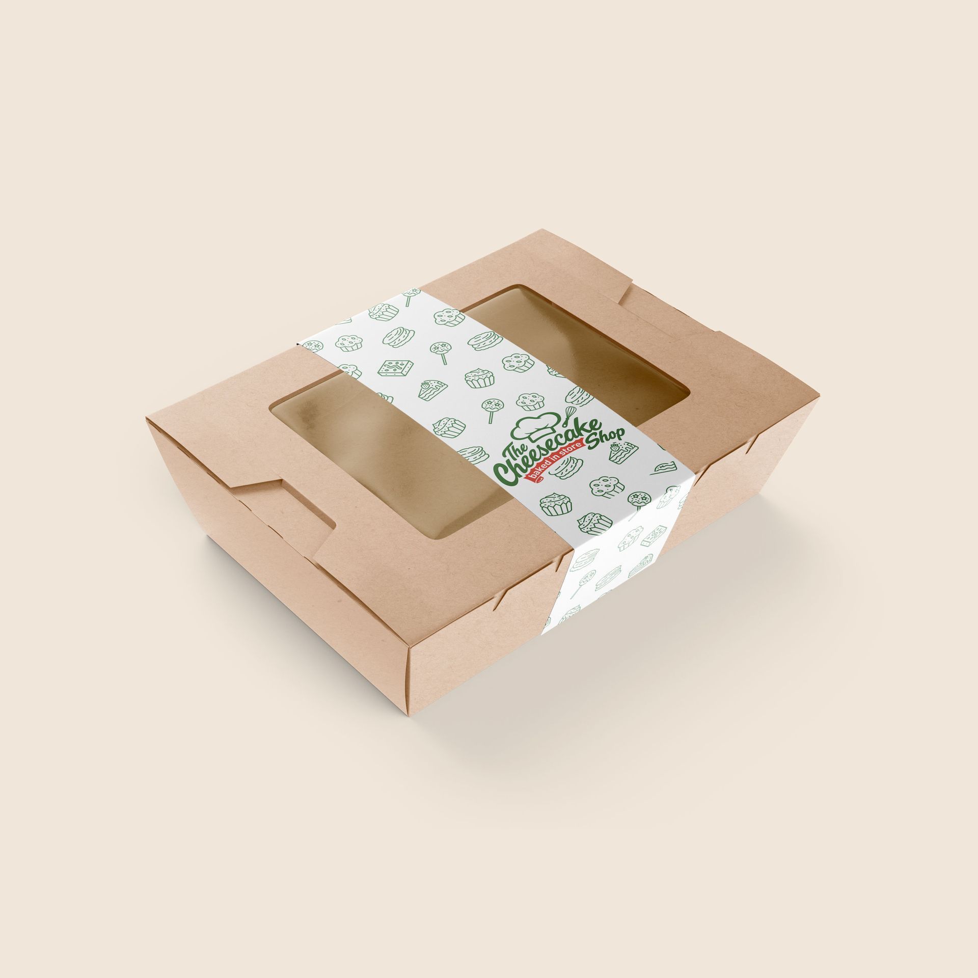 A cardboard box with a window and a sticker on it