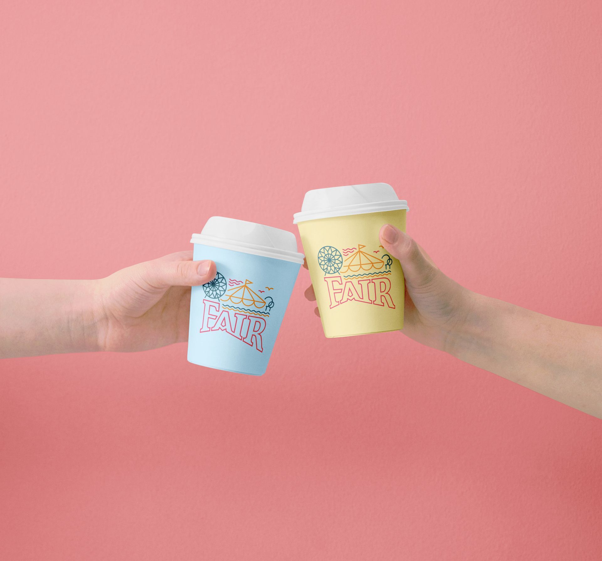 Two people are toasting with coffee cups on a pink background.