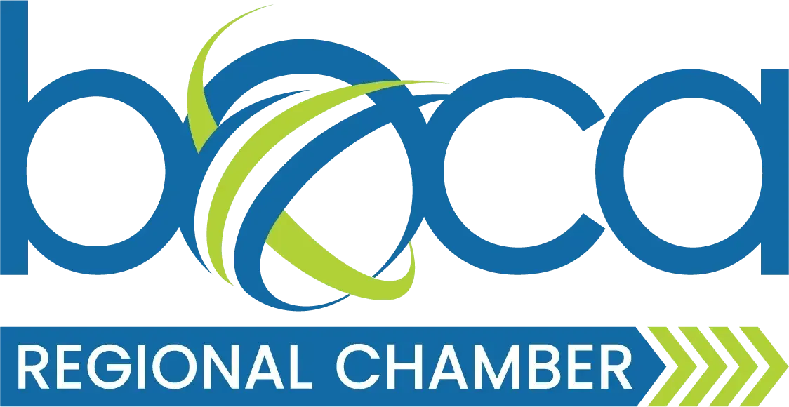Boca Chamber logo in blue and green with the tagline “serving south palm beach county”