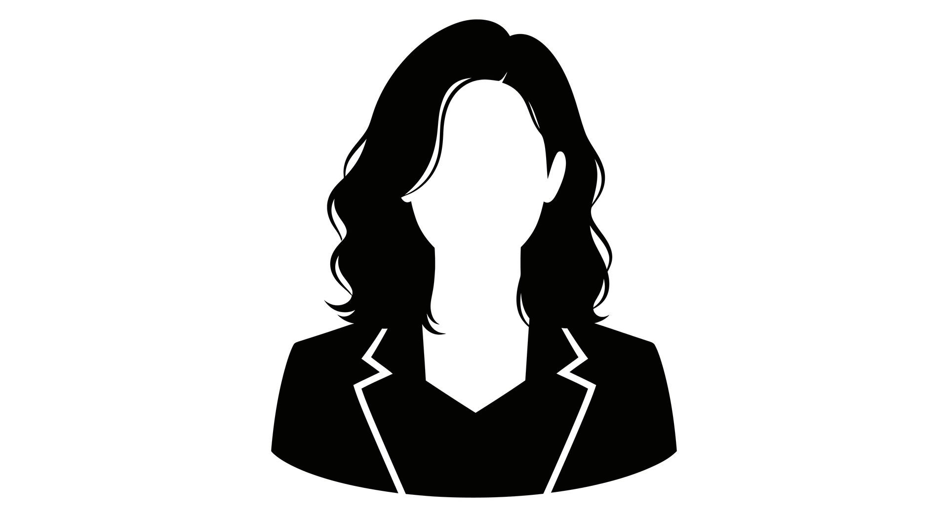 A black silhouette icon of a person with shoulder-length hair wearing a collared blazer.