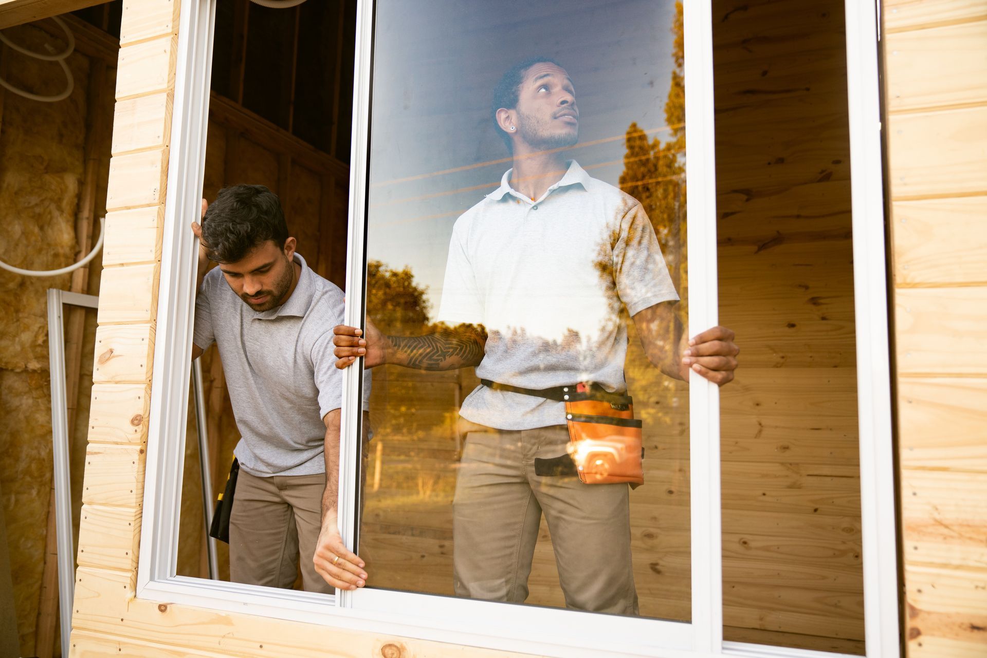 Worker in blue overalls inspecting a glass sliding door, outdoors, looking up.