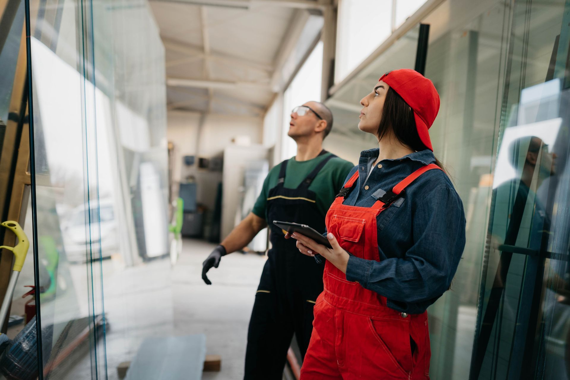 Two workers inspecting glass panels in a factory; one holds a tablet.
