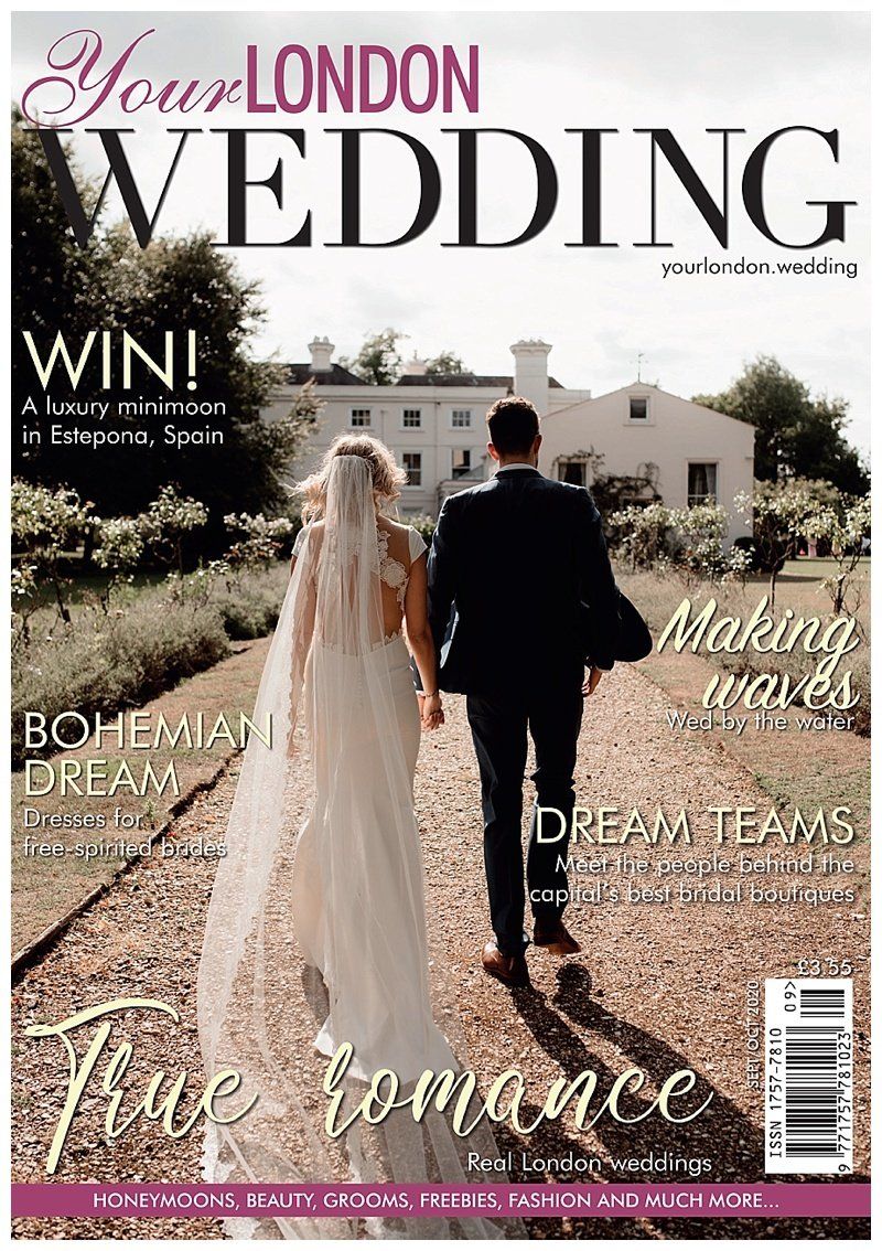 Your London Wedding magazine front cover bride and groom back to camera walking towards wedding venue