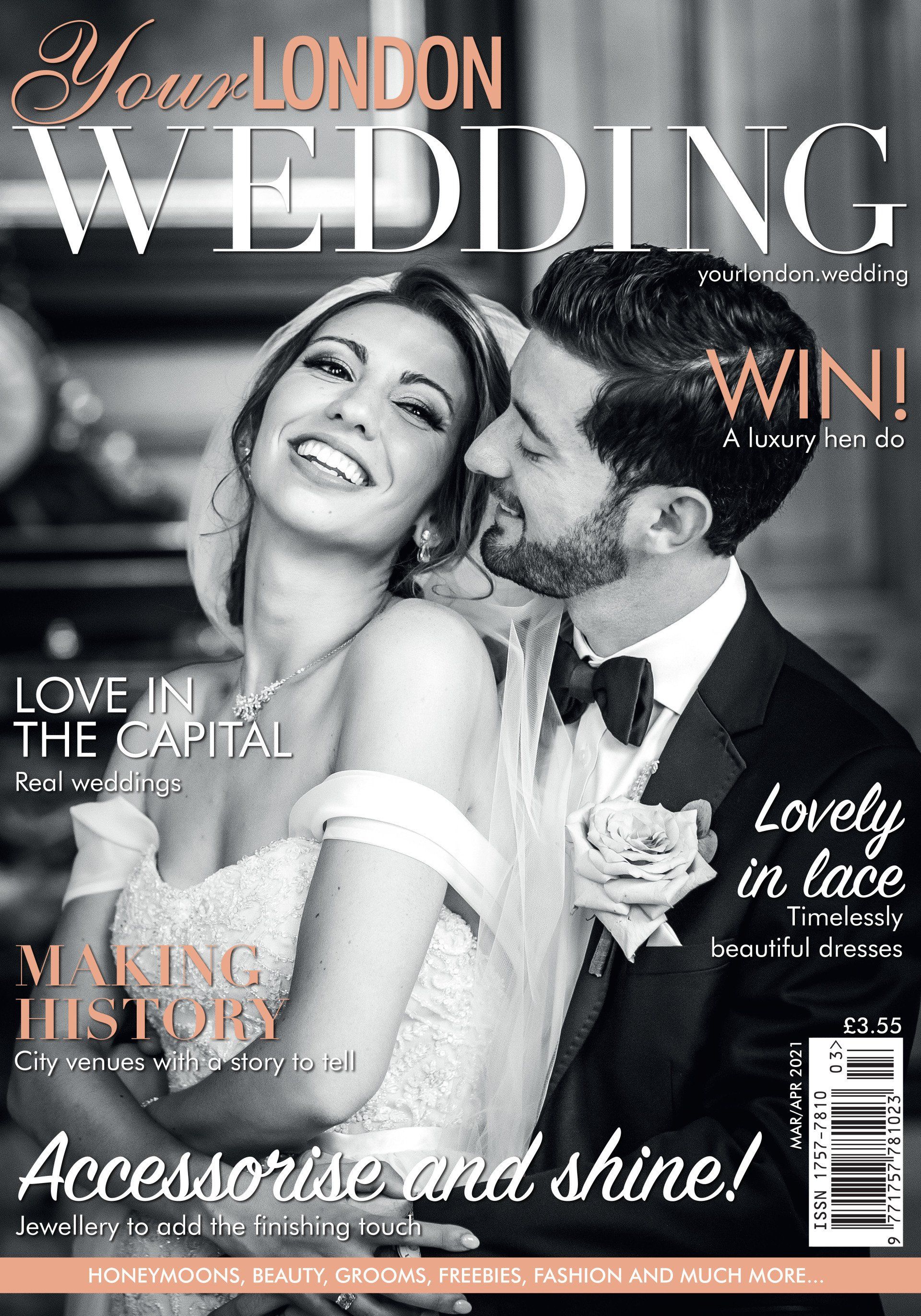 Front Cover from Your London Wedding magazine  Groom holds hgis bride in his arms