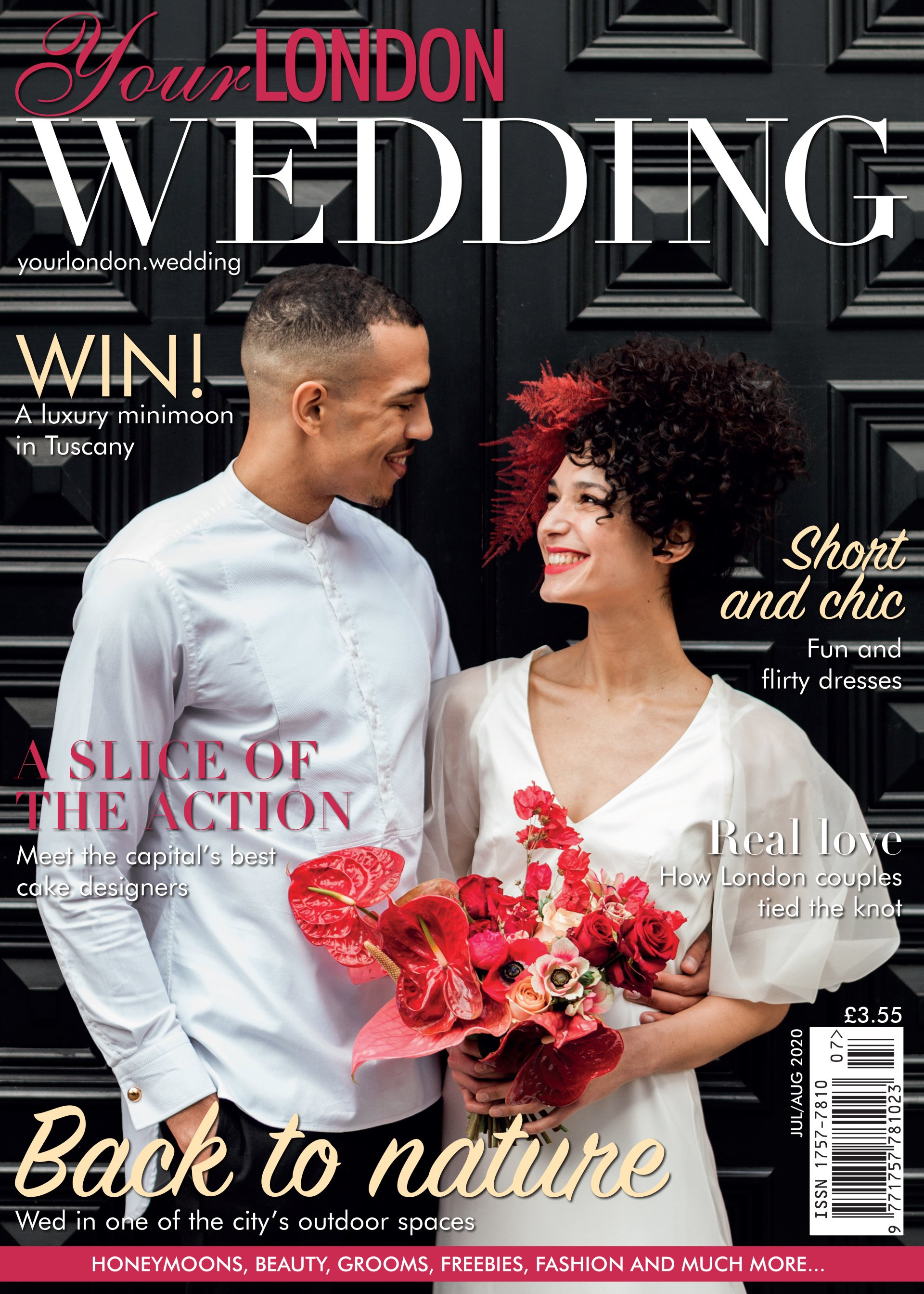 London Wedding magazine front cover, bride and groom look into each other eye's