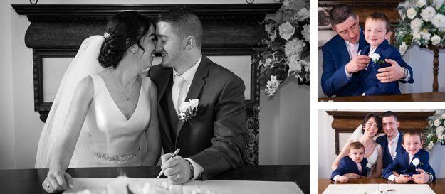 3 pictures of bride and groom signing the wedding register and with their two pageboy's