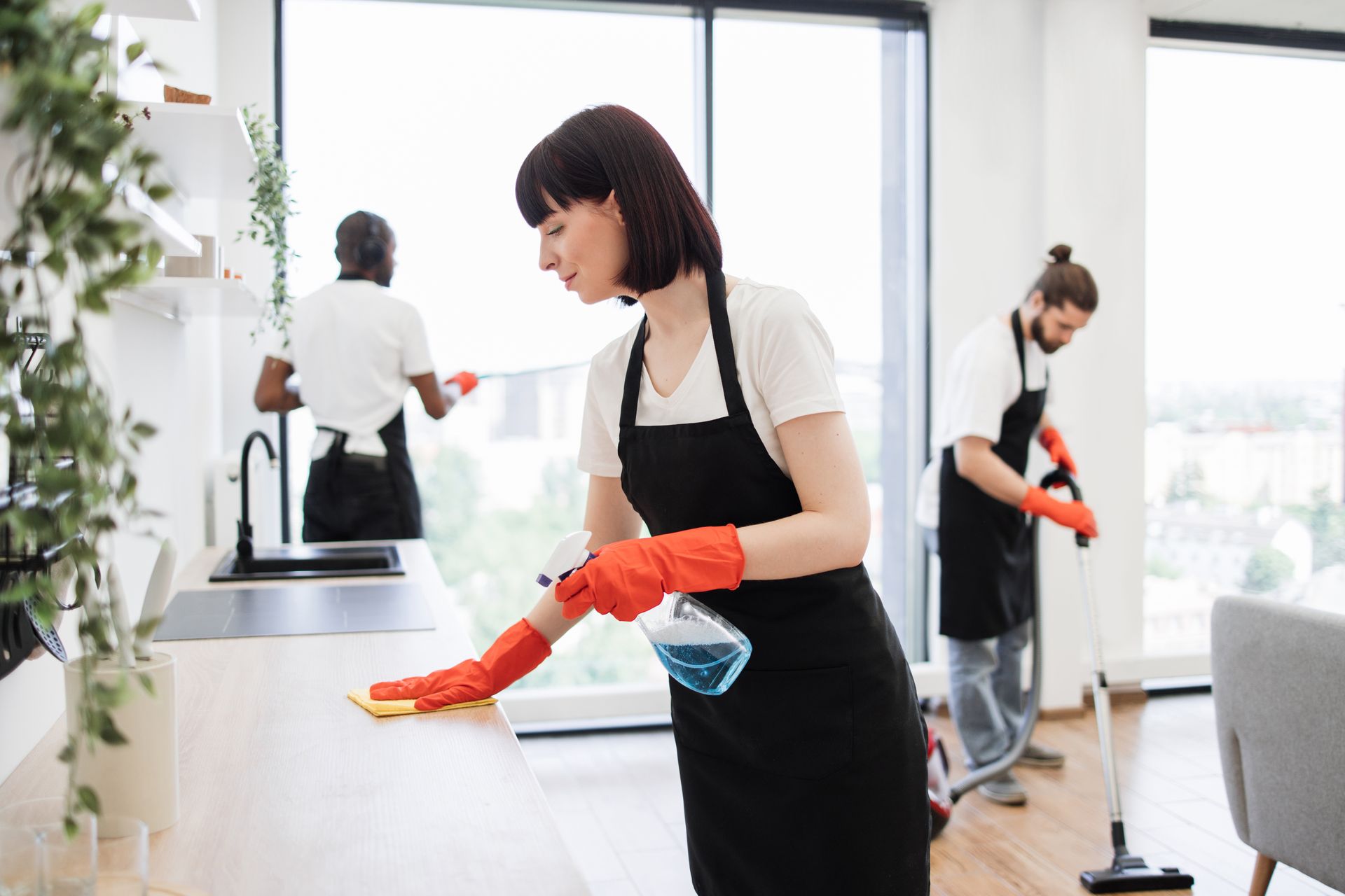 Professional housekeepers in black aprons and red gloves cleaning a modern home interior. Professional housekeepers in black aprons and red gloves cleaning a modern home interior.