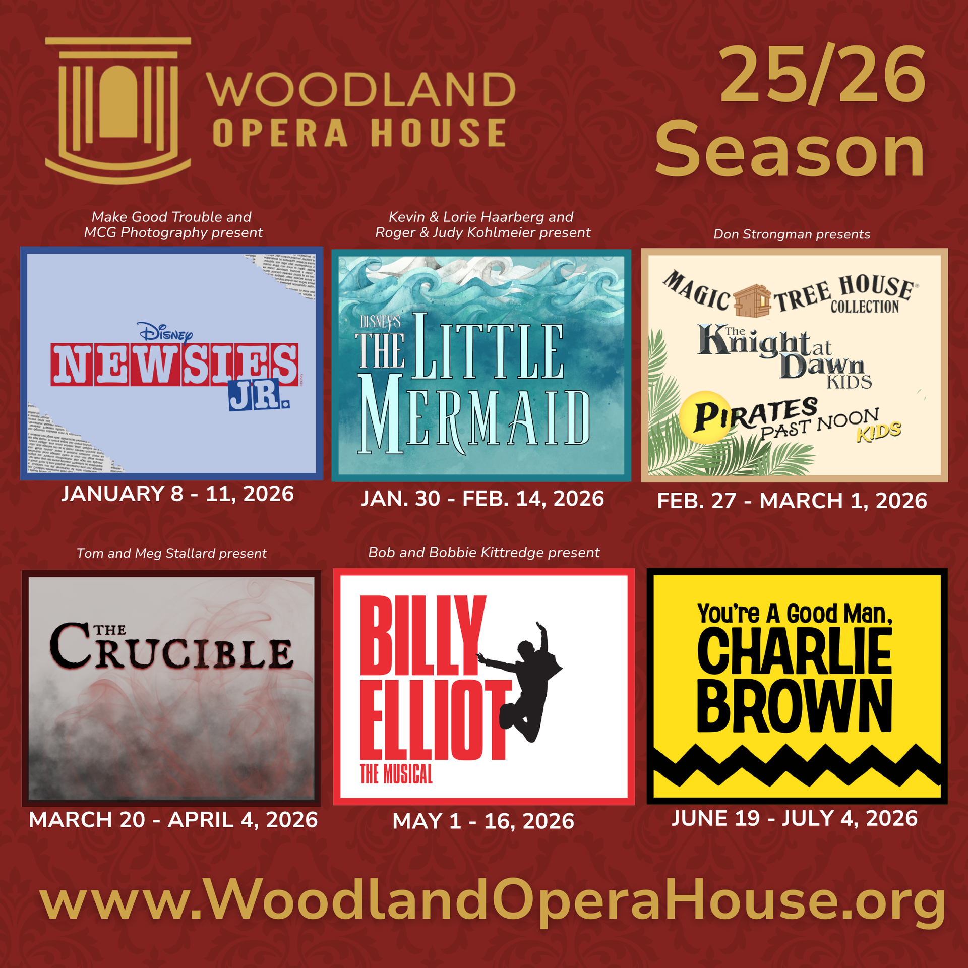 A promotional flyer for a 2025-2026 theater season featuring Hadestown, Into the Woods, A Christmas Carol, and more.