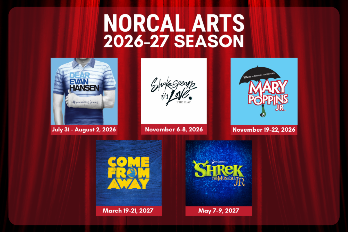 Norcal Arts 2026-27 season poster showing performance titles and dates against a red stage curtain background.