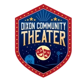 Logo for Dixon Community Theater featuring a shield design with text, theater masks, a barn, and a windmill at night.