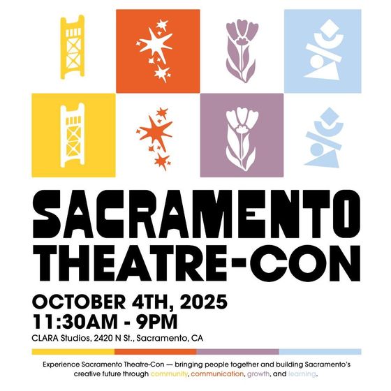 Sacramento Theatre-Con event poster, colorful squares, event title, date, time, and location.