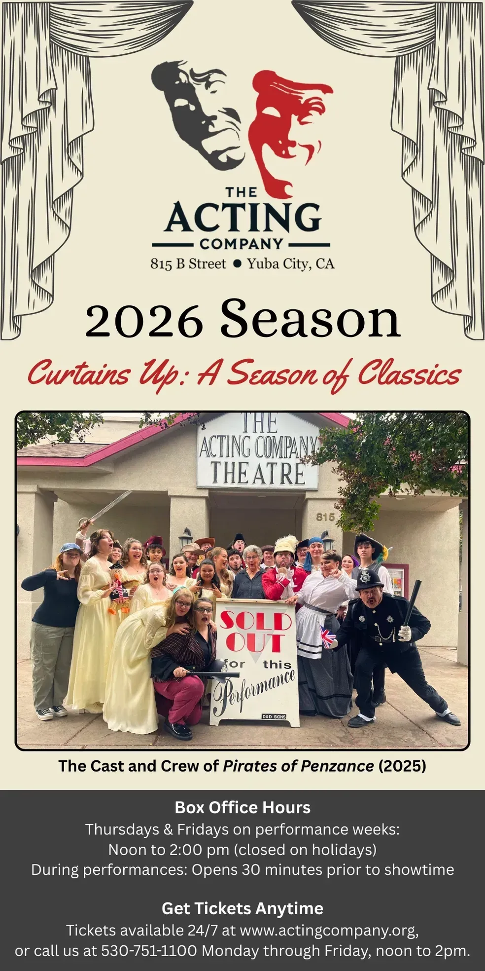 A theater season flyer listing six upcoming plays, including Pride and Prejudice, Bus Stop, and a holiday production.