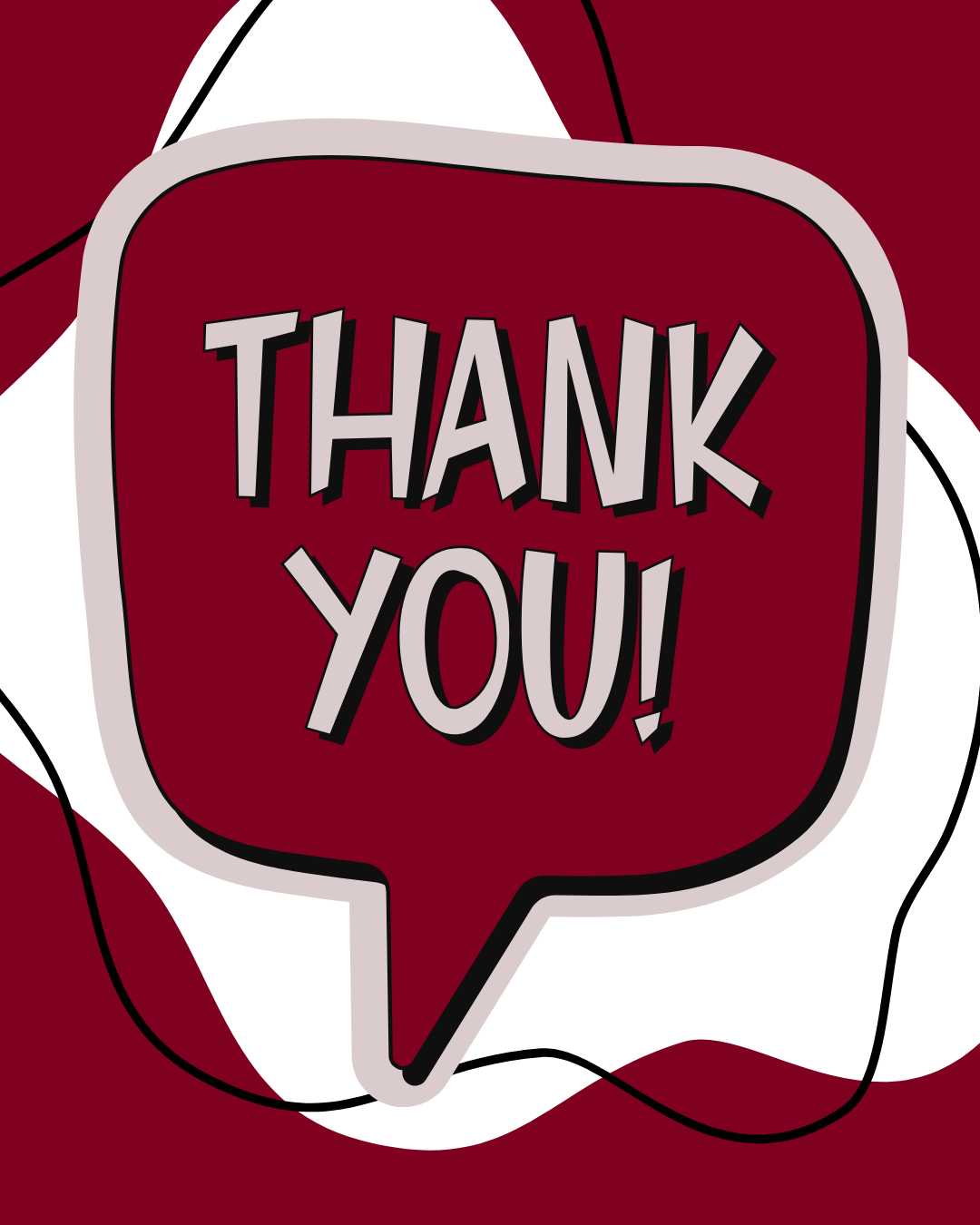 A dark red speech bubble on a white and maroon abstract background, containing the white text 