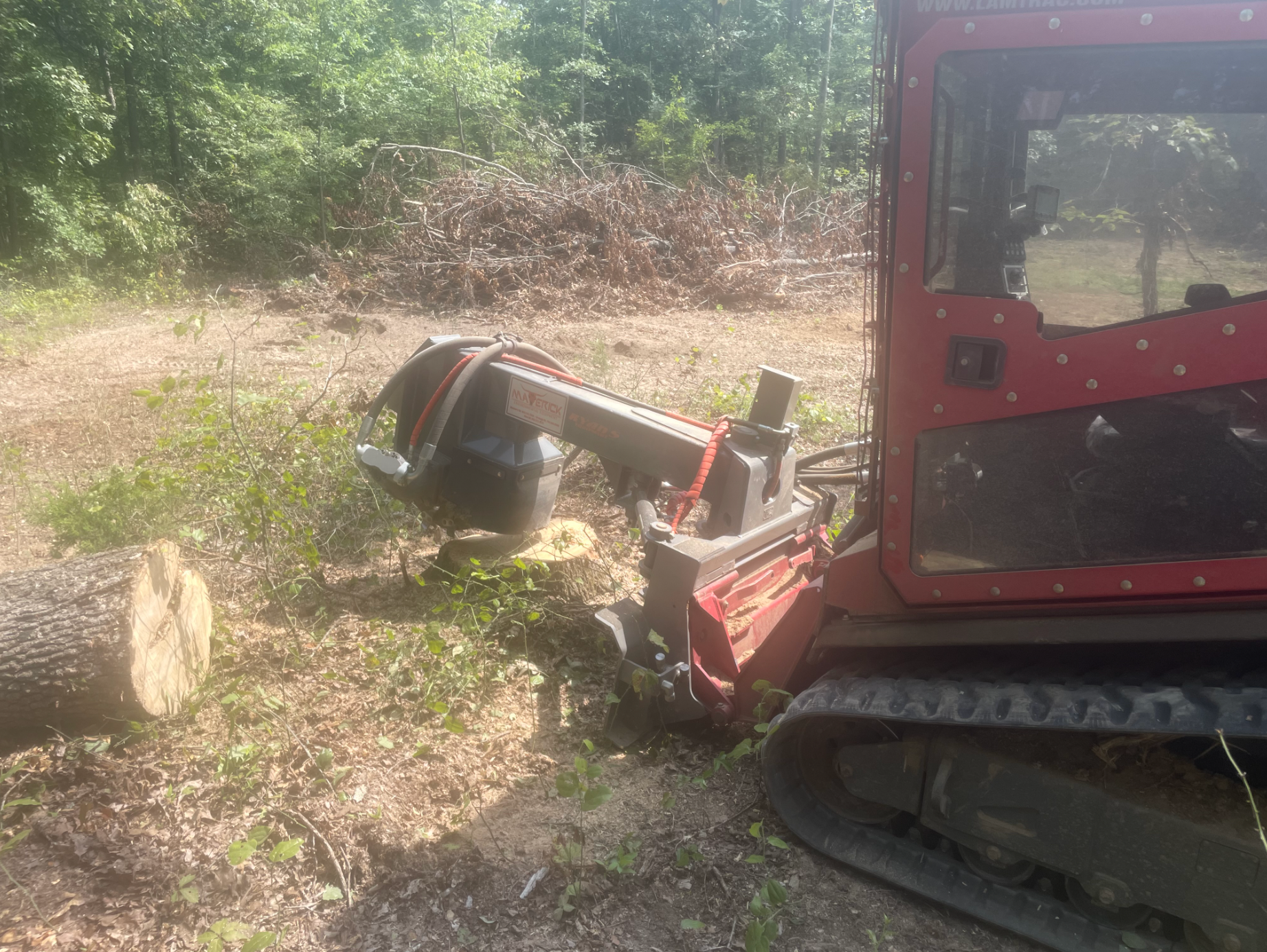 A red tractor is cutting down a tree in a field.