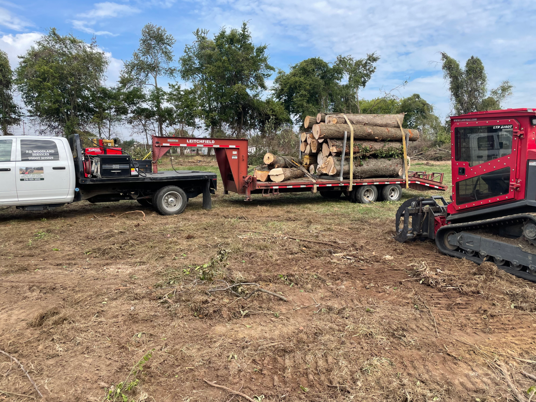 A red truck is carrying logs on a trailer in a field.