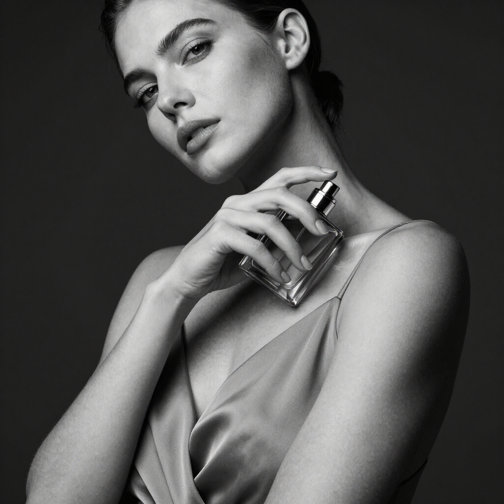 Retrato en blanco y negro de una modelo sosteniendo un frasco de perfume contra su cuello.