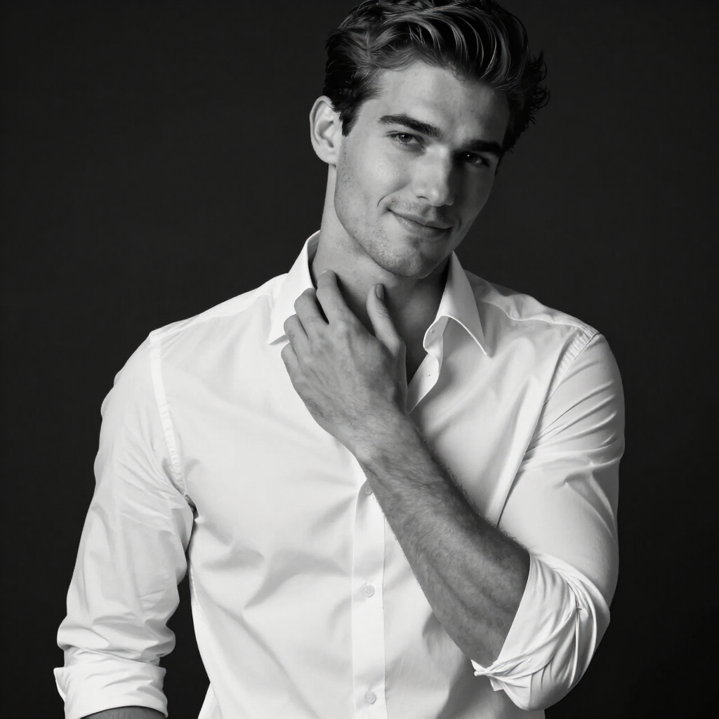 Retrato en blanco y negro de un hombre sonriente con camisa blanca, tocándose el cuello.