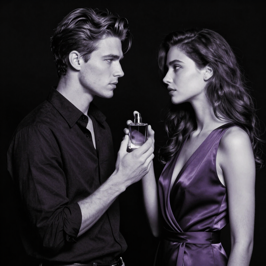 Dos personas se miran de frente, sosteniendo un frasco de perfume sobre un fondo oscuro.