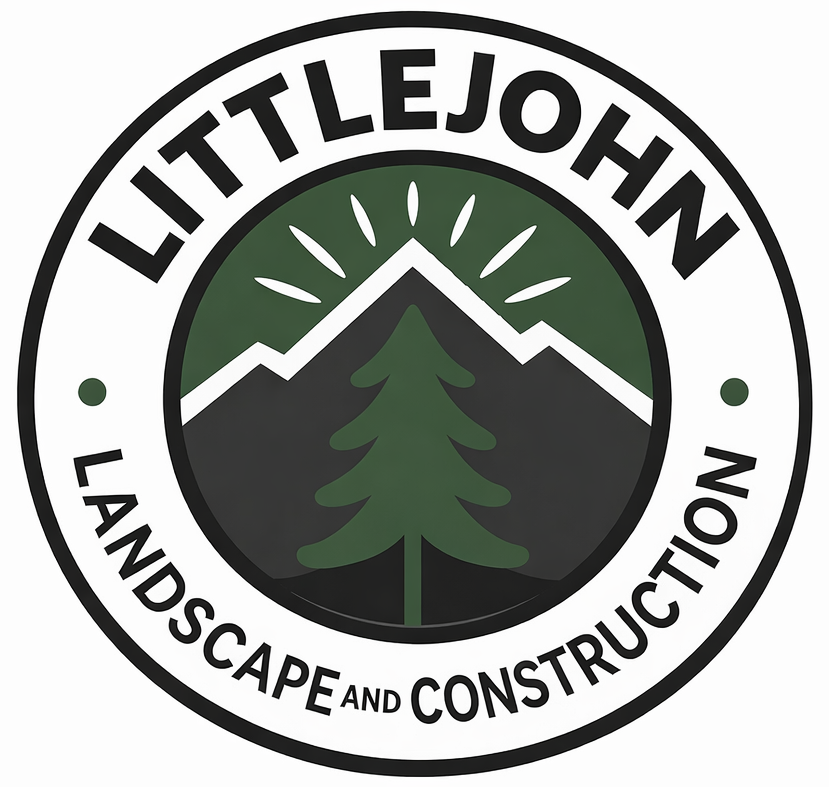 Logo for Little John Landscape and Construction: Mountain and tree graphic, text is