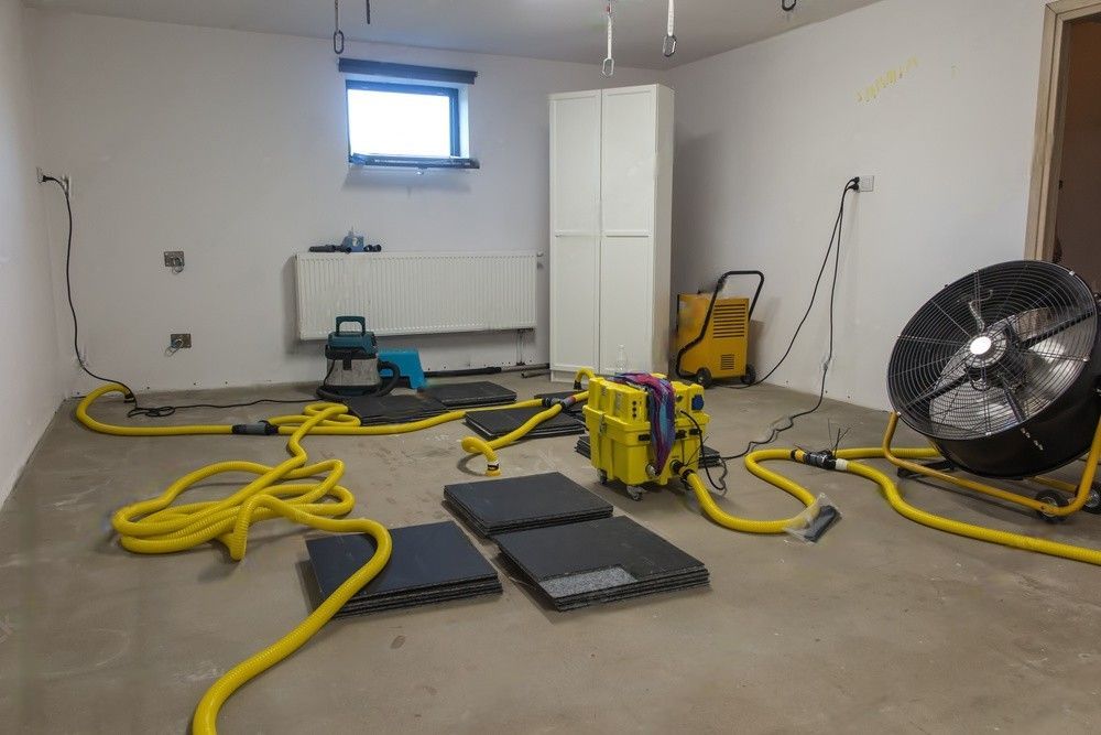 Drying a concrete floor under a fabric covering with drilling and hot air treatment.