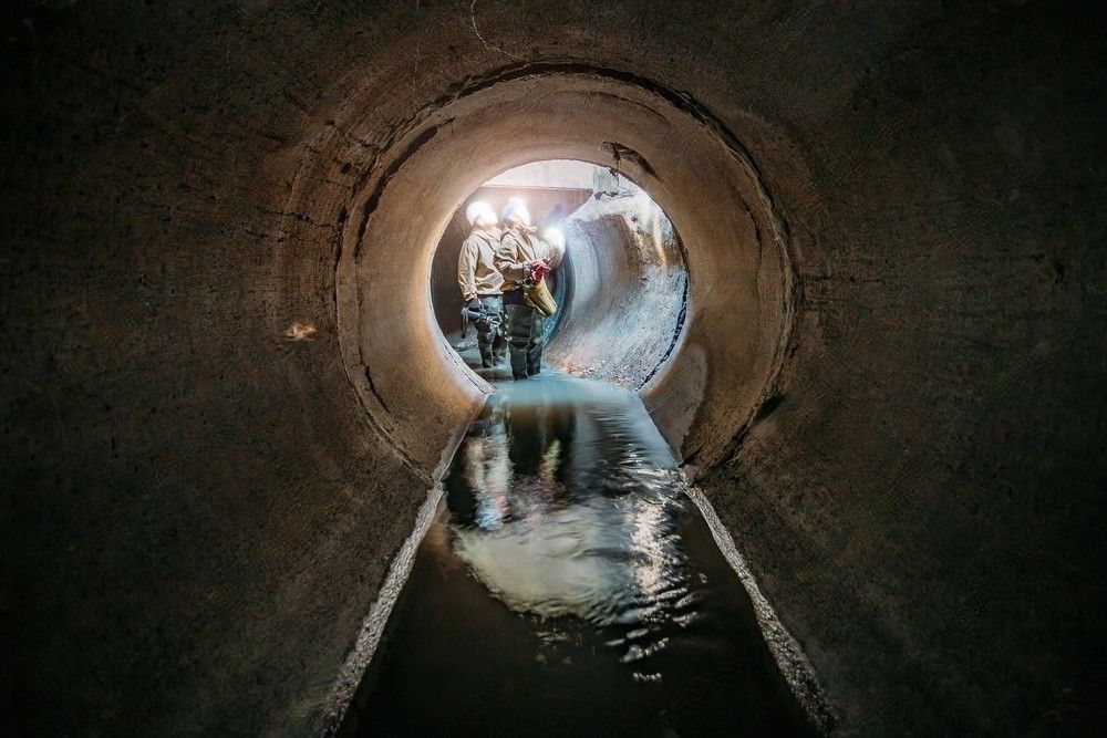 Sewer tunnel workers wearing protective gear examine extensive sewer system damage and wastewater leakage, assessing the extent of the problem.