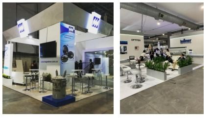 Un par de fotografías de un stand en una convención.