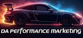 A black sports car with the words da performance marketing below it