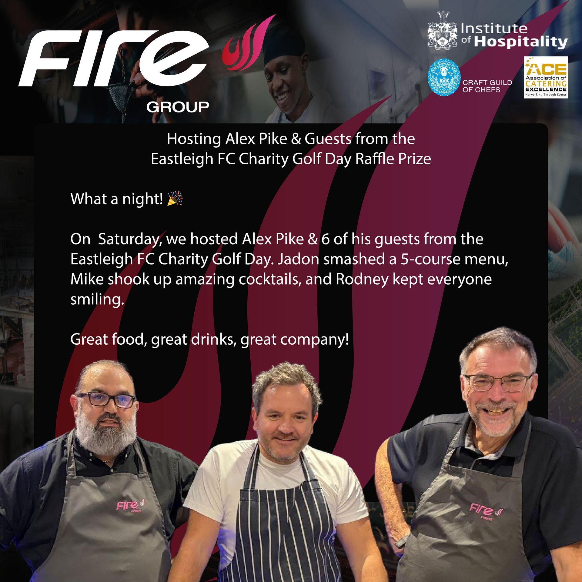 Fire Group hosting Alex Pike & guests after Eastleigh FC Golf Day. Three smiling men in aprons stand in a kitchen.