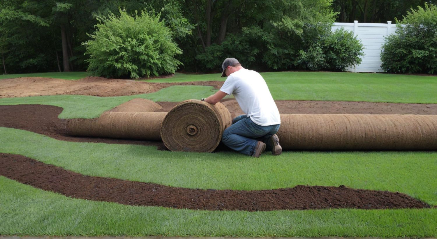 A man is kneeling down to roll rolls of turf on a lush green lawn.