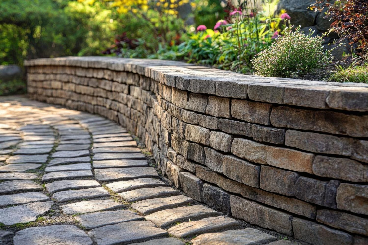 A stone wall surrounds a stone walkway in a garden.