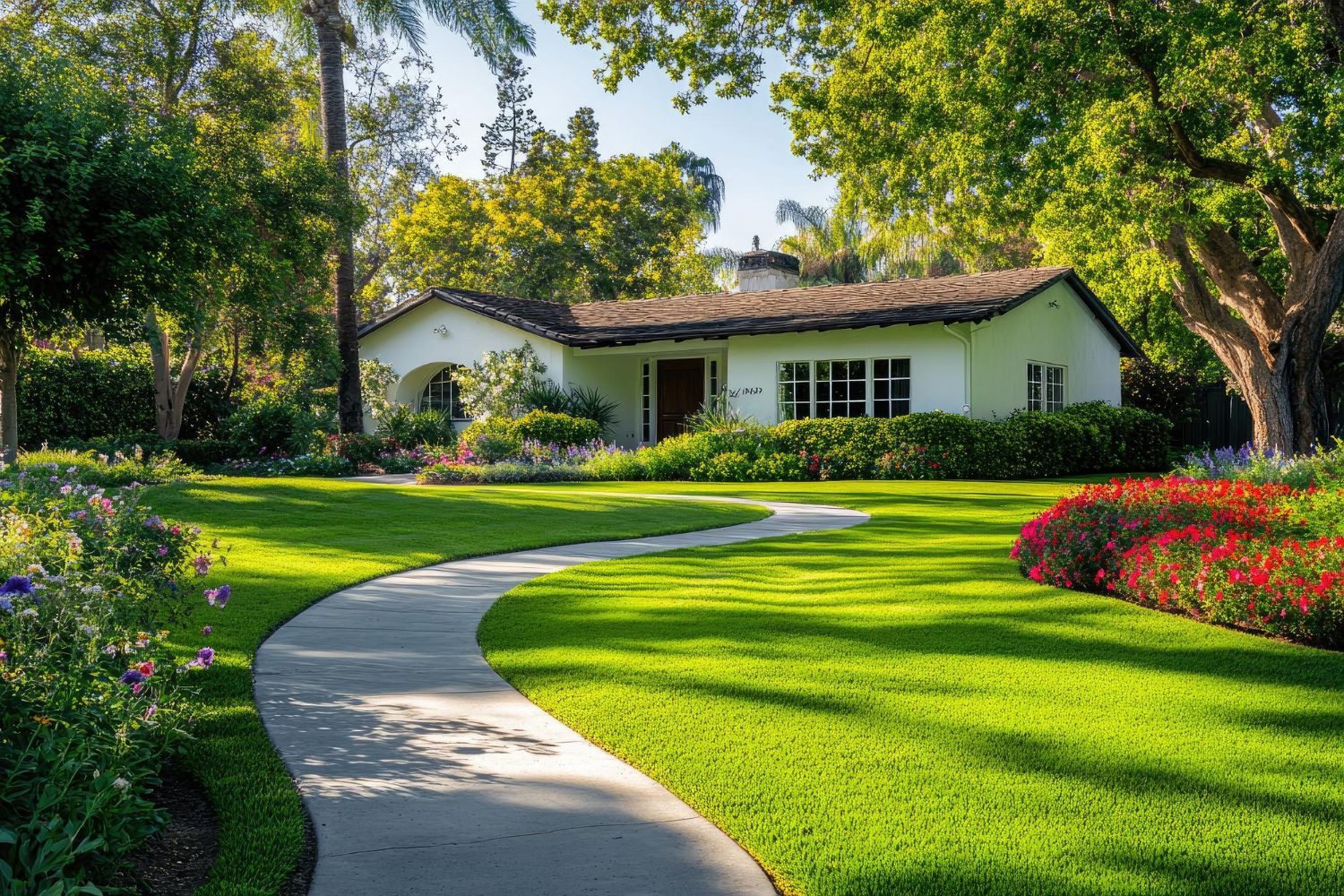 A white house with a lush green lawn and a path leading to it.