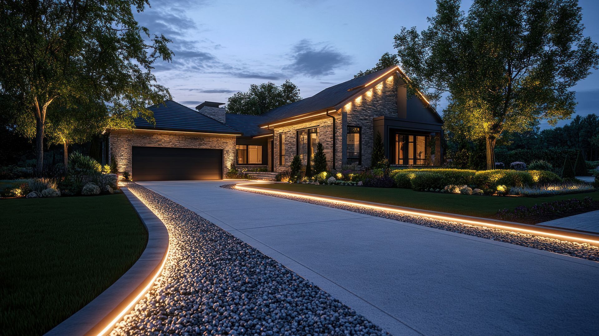 A house with a driveway that is lit up at night