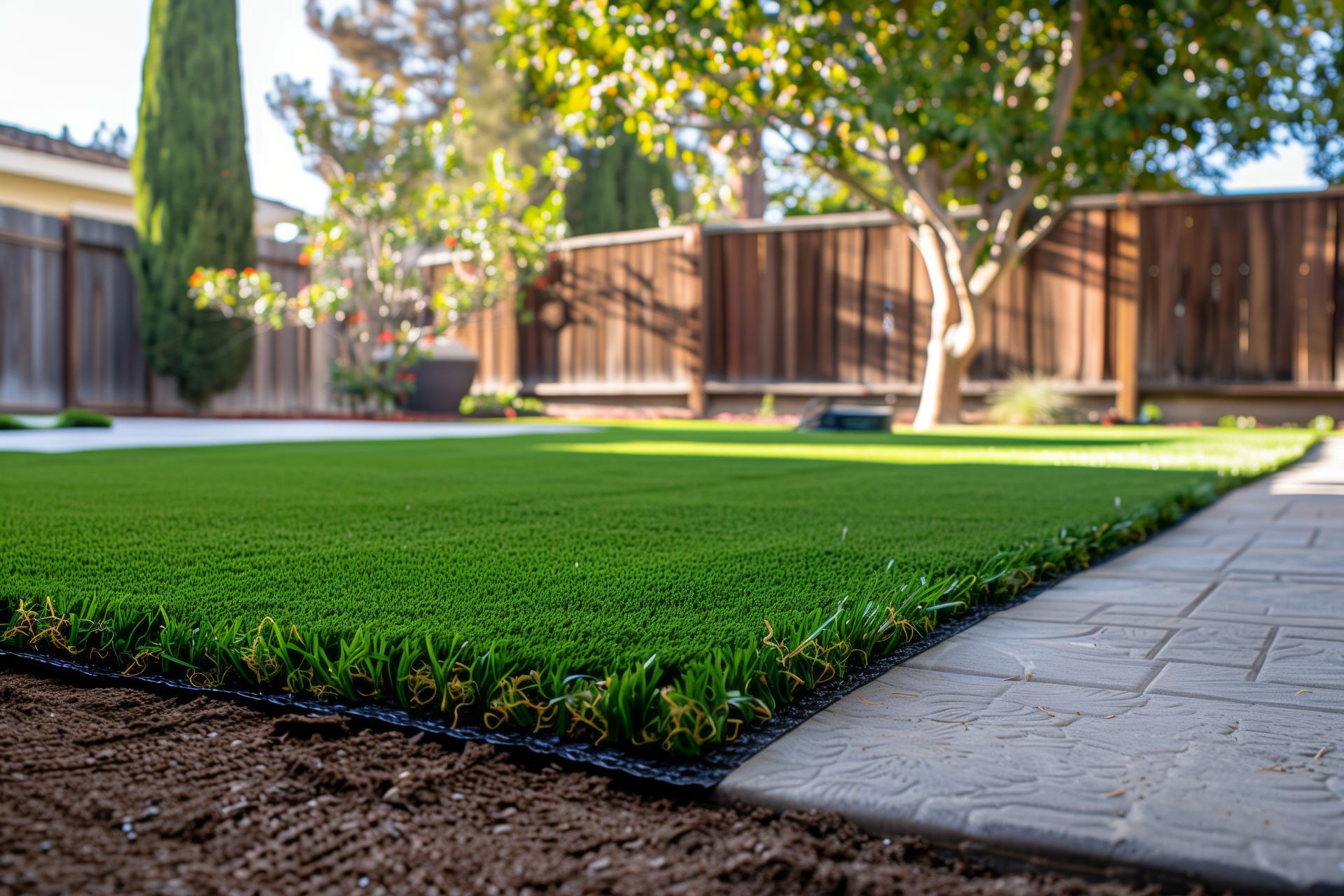 A lawn with a concrete walkway leading to it and a wooden fence.