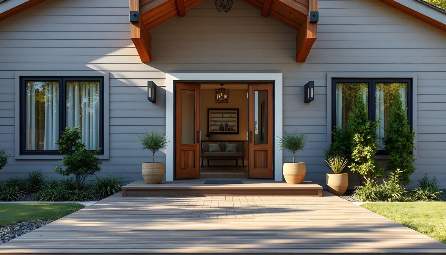 The front of a house with a wooden walkway leading to the front door.