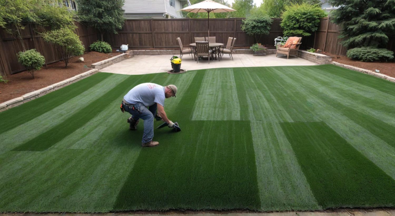 A man is kneeling on a lush green lawn in a backyard.