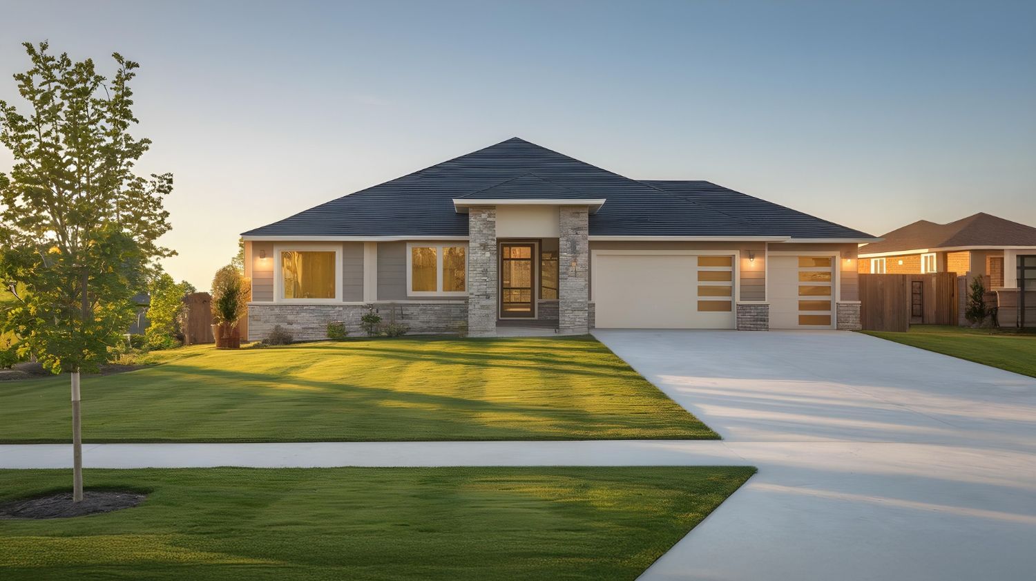 A house with a concrete driveway and a tree in front of it.