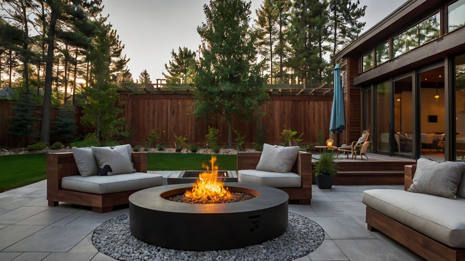 There is a fire pit in the middle of the patio.
