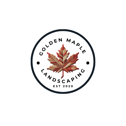 Logo for Golden Maple Landscaping: A maple leaf made of wooden planks in a circle with company name and EST 2020.