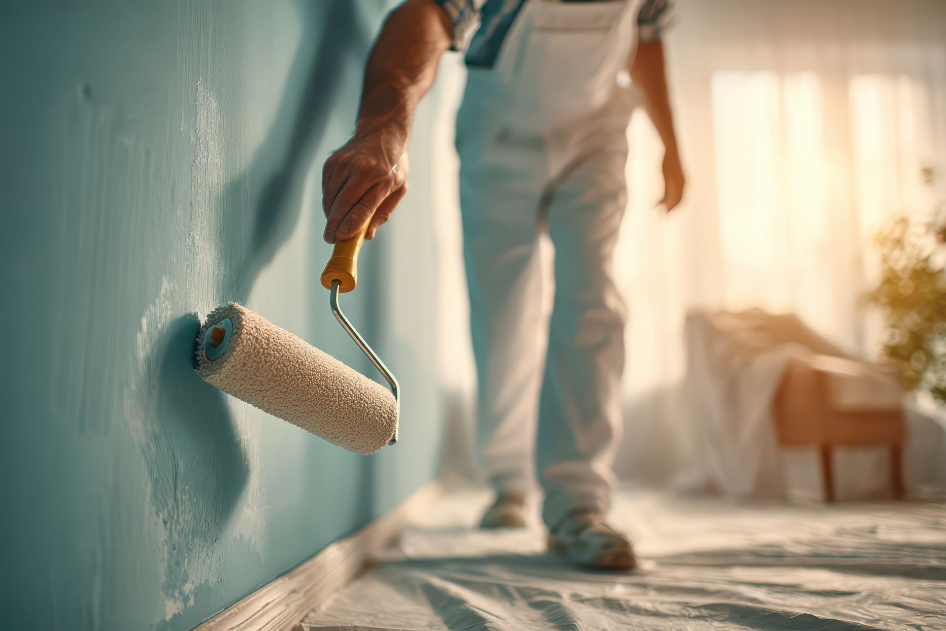 An interior painter is applying a fresh light blue paint to a room wall with a roller.