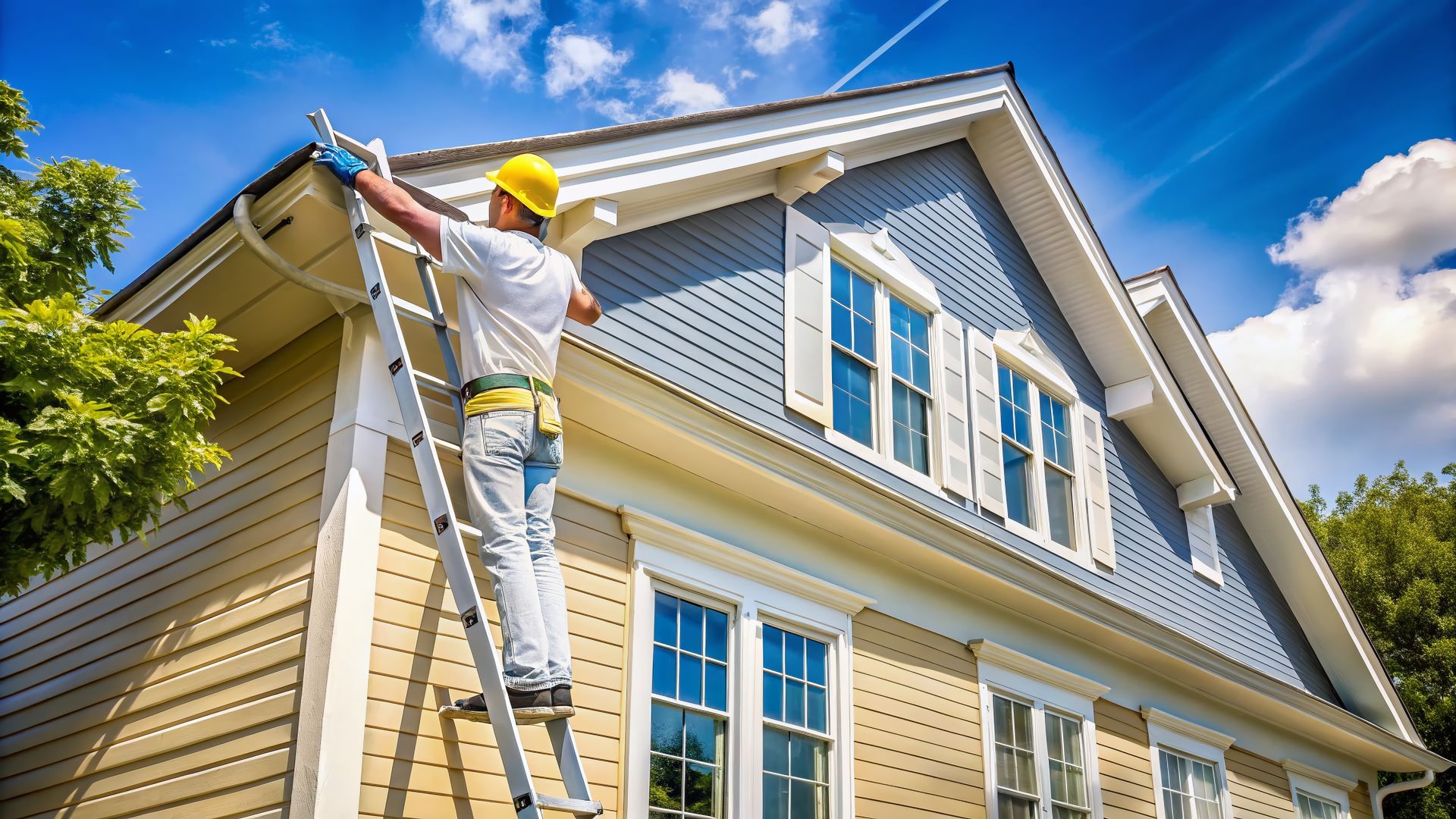 Person on ladder inspecting or working on house siding and gutters.