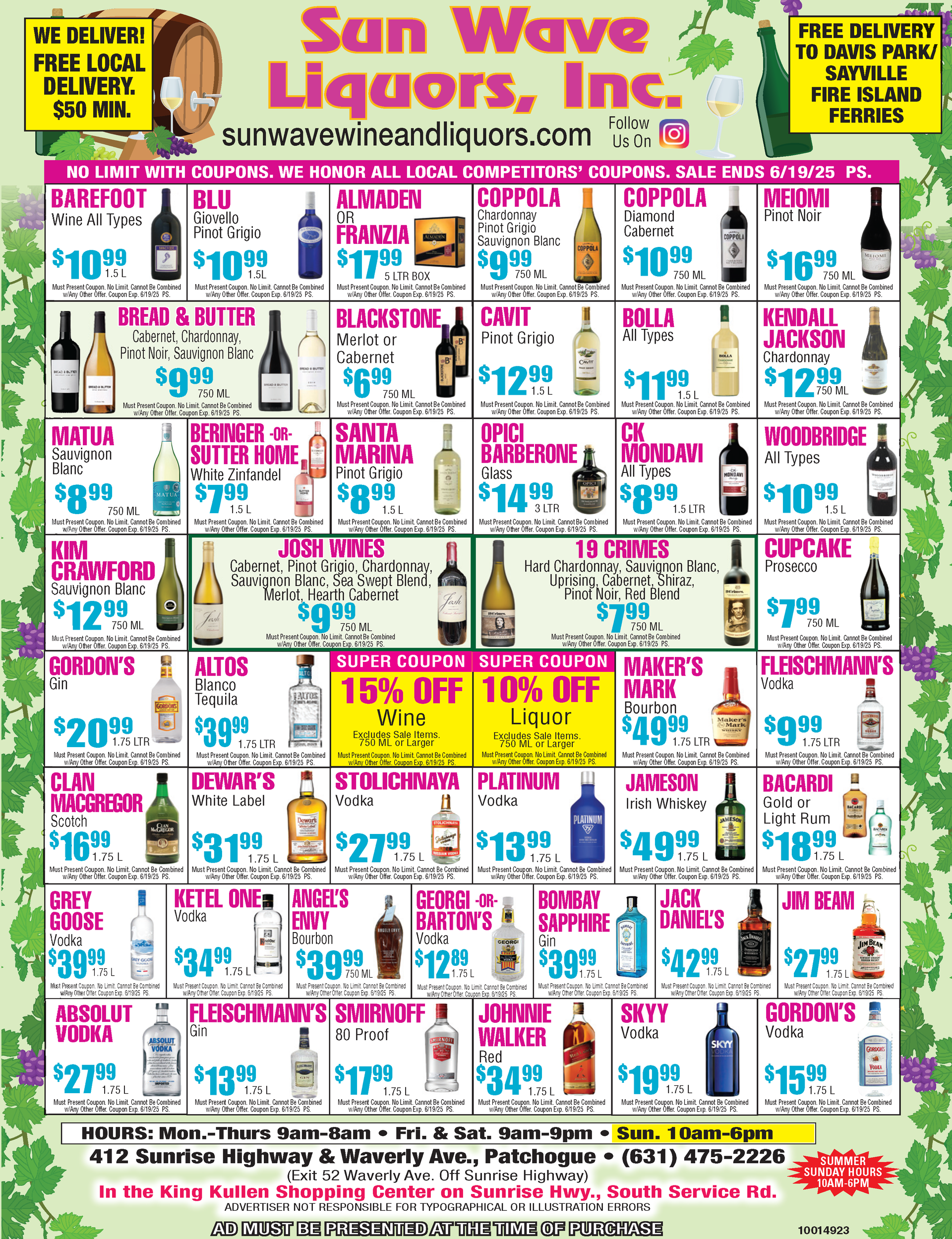 Weekly Specials from Sun Wave Wine & Liquors - Patchogue, NY