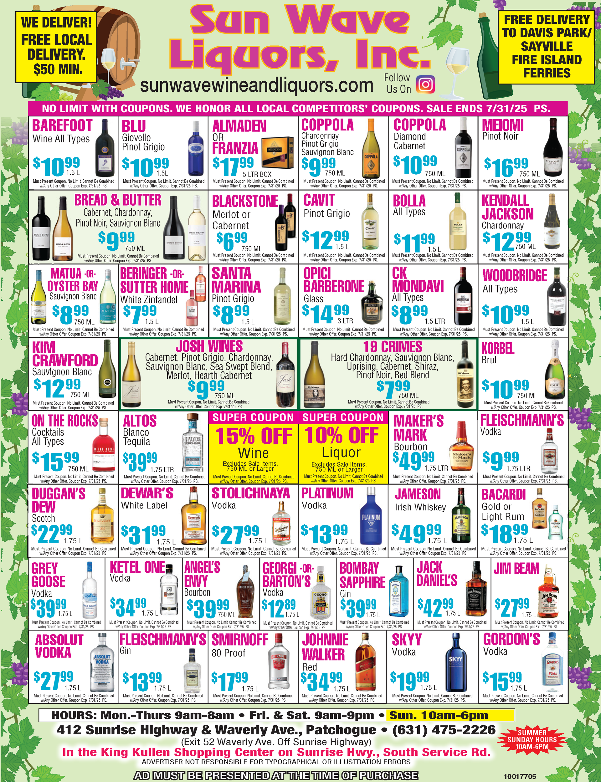 Weekly Specials from Sun Wave Wine & Liquors - Patchogue, NY