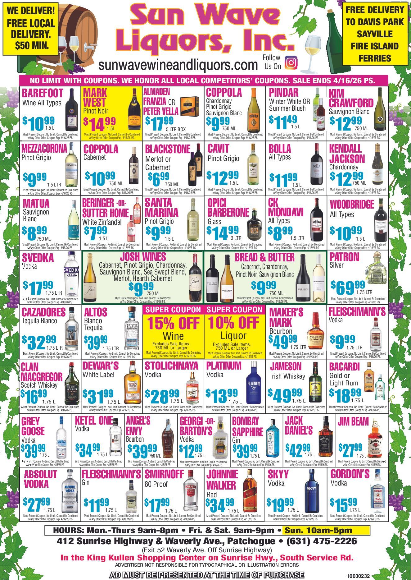 Weekly Specials from Sun Wave Wine & Liquors - Patchogue, NY