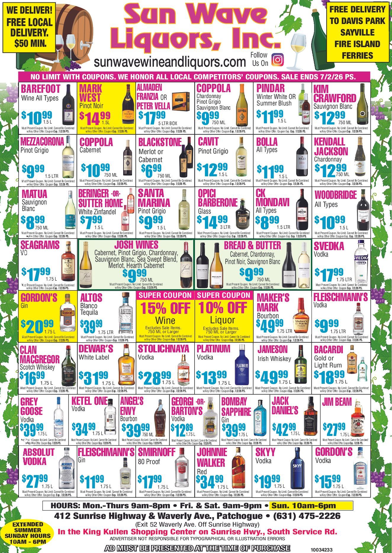 Weekly Specials from Sun Wave Wine & Liquors - Patchogue, NY