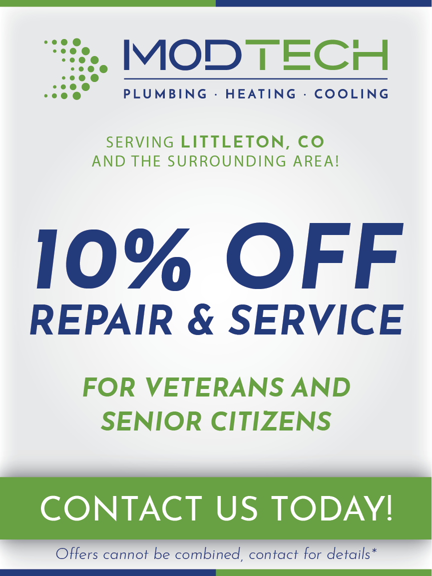 Advertisement for 'MOD TECH Residential Plumbing Service' offering a '10% OFF Repair & Service' discount specifically for 'Veterans and Senior Citizens'. The company serves Littleton, CO and its surrounding areas. The ad concludes with a call to 'Contact Us Today!' and a note stating that offers cannot be combined, urging customers to contact them for details.